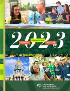 Cover image of 2023 Engaged Communities Report includes scenes of community throughout Colorado.